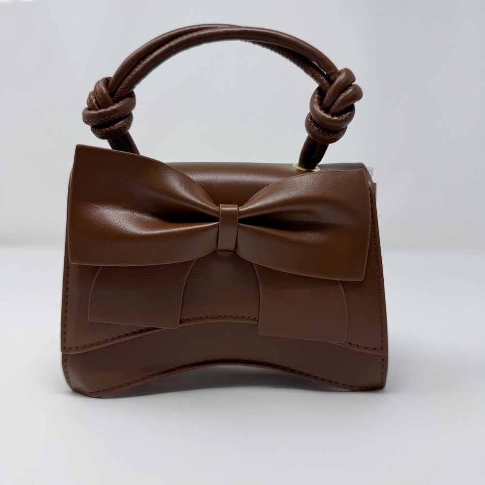 Adorable Coffee Brown Bag with Bow Curved Crossbody Satchel Gold Hardware
